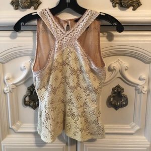 XS BCBG peplum lace cross top